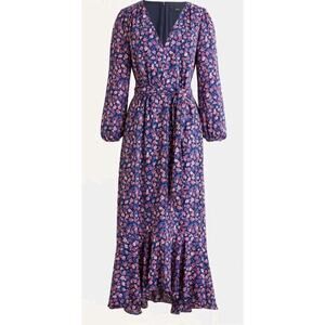 J Crew Dot Floral Midi Dress Ruffled Hem V-Neck Long Sleeve Women's Size 6